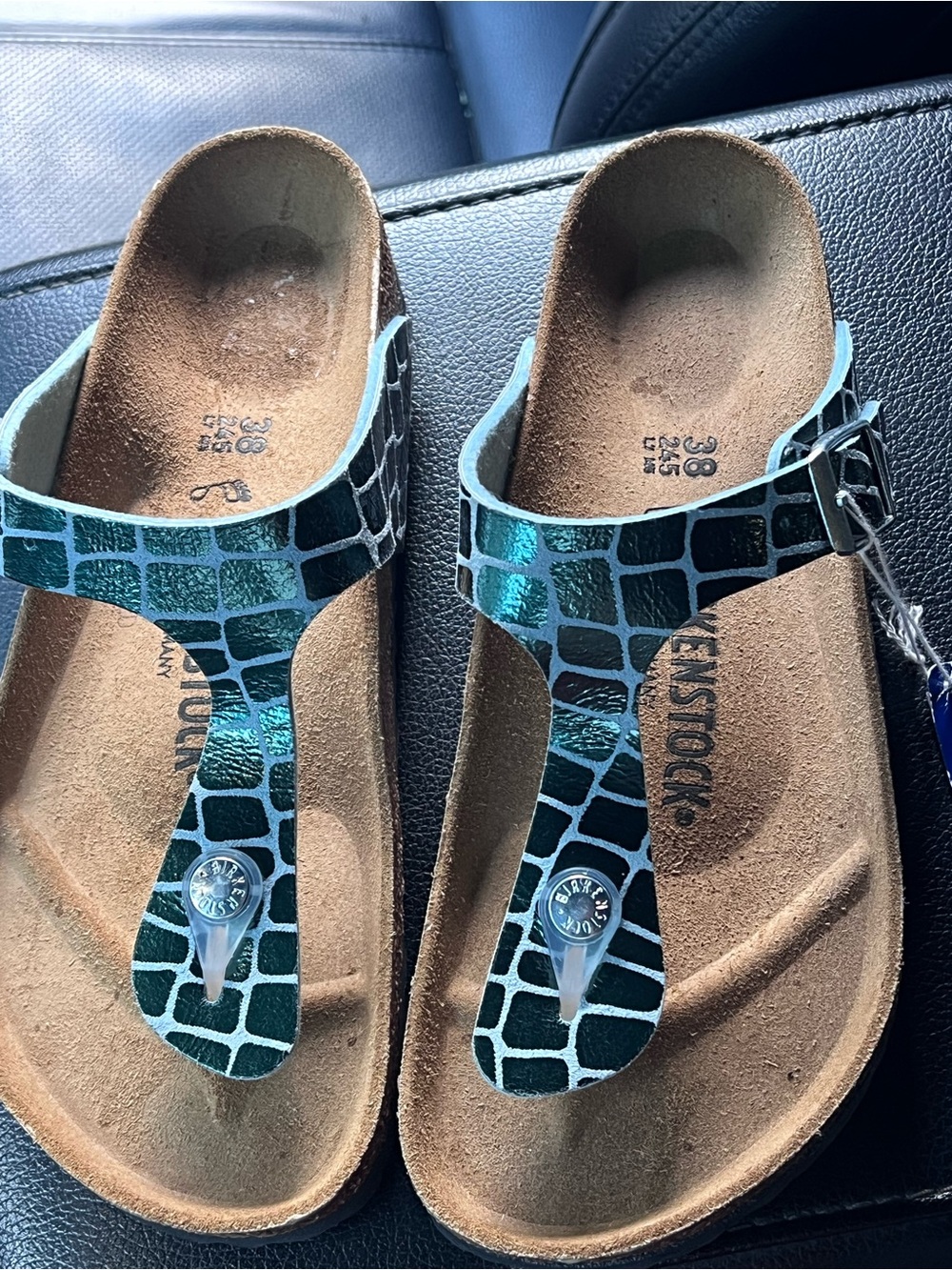 Birkenstock Teal Croc-Pattern Gizeh Sandals
